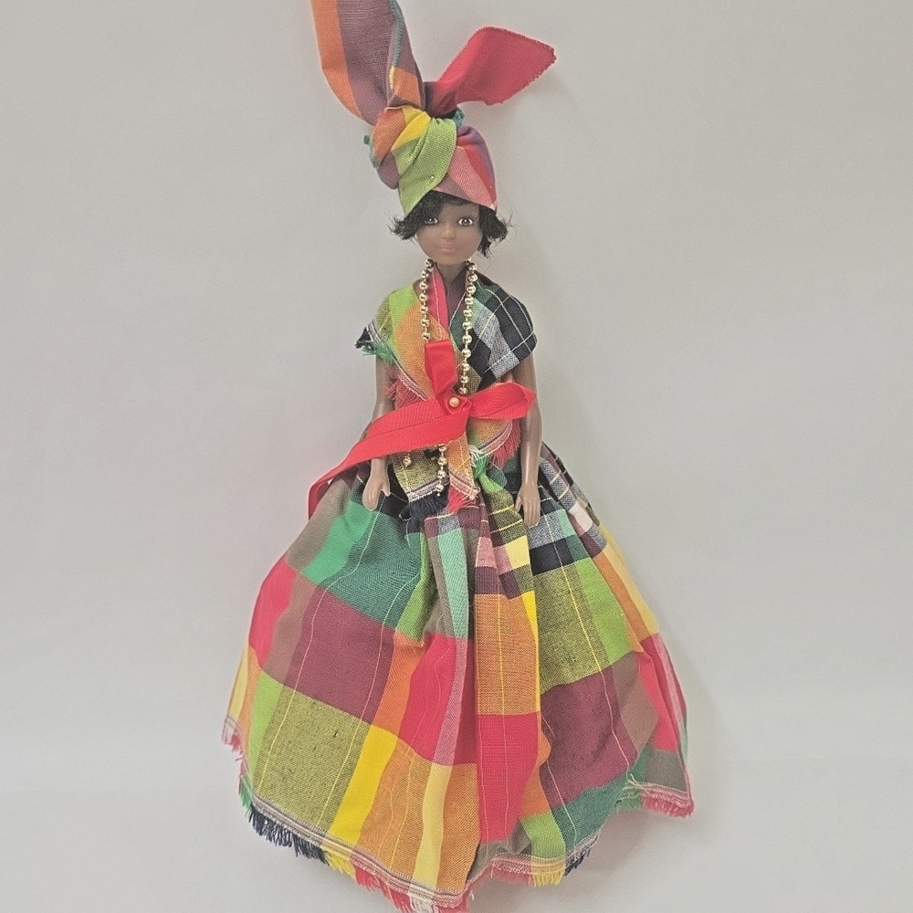 Rare Vintage Jamaican/ Caribbean Doll 11” Unique with Flowing Dress Hat Push Pin